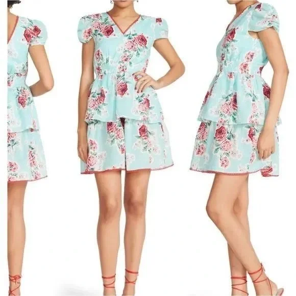 Betsey Johnson Teal Blue Floral Babydoll Tiered seersucker Tea Dress - Picture 10 of 10